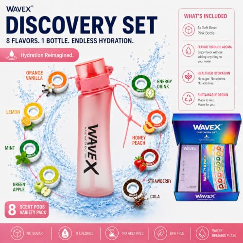 Image of Wavex Scented Water Bottle + 8 Aroma Scent Pods (Cola, Strawberry, Honey Peach, Energy Drink, Green Apple, Mint, Lemon, Orange Vanilla), Flip Top Lid, Straw & Carry Strap Included (Soft Rose Pink)
