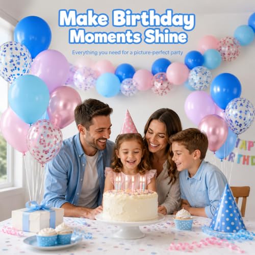 Image of Pink and Blue Balloon, 50Pcs 12 Inch Pastel Pink Blue Purple Confetti, Royal and Metallic Confetti Balloons for Birthday, Baby Shower, Gender Reveal Supplies