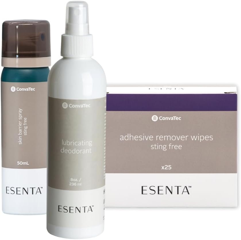 ConvaTec ESENTA Ostomy Accessories Bundle with Skin Barrier Spray, Lubricating Deodorant Spray, and Adhesive Remover Wipes for Around Stomas and Wounds, Made with Natural Oils, Sting and Alcohol Free