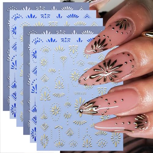 6 Sheets Bohemia Nail Stickers for Nail Art 3D Self-Adhesive Flower Nail Art Stickers Blue Silver Gold Flowers Nail Decals Bohemian Style Nail Design for Women DIY Nails Decoration Supplies