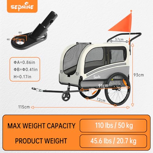 SEPNINE® 2-in-1 XXL Fahrradanhänger für Hunde, Hundeanhänger für Fahrrad - mit Dachöffnung, Reflektoren & Reflexstreifen, mit Schiebestange & Universal-Fahrradkupplung, Faltbar, Bis 50 kg