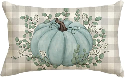 Miniatura 1 de AVOIN colorlife Funda de almohada de hojas de eucalipto de calabaza verde azulado de 12 x 20 pulgadas, decoración de otoño y otoño, cosecha de