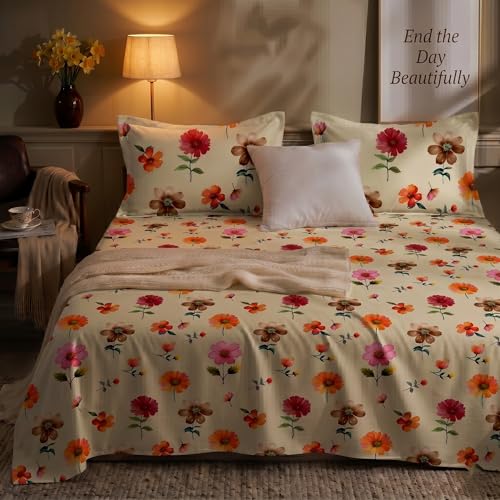 Image of SANMARINO 300TC Cloud Cotton King Size Bedsheet with 2 Pillow Covers | Super Soft & Breathable | Luxury Floral Pixel Bloom Digital Print Bedding Set | 228x254 cm | Peach Blossom Peach Pink