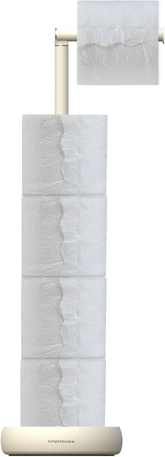 simpletome Toilet Paper Holder Stand with Storage Stable Weighted Base Bathroom Freestanding Toilet Roll Holder (Matt Cream)