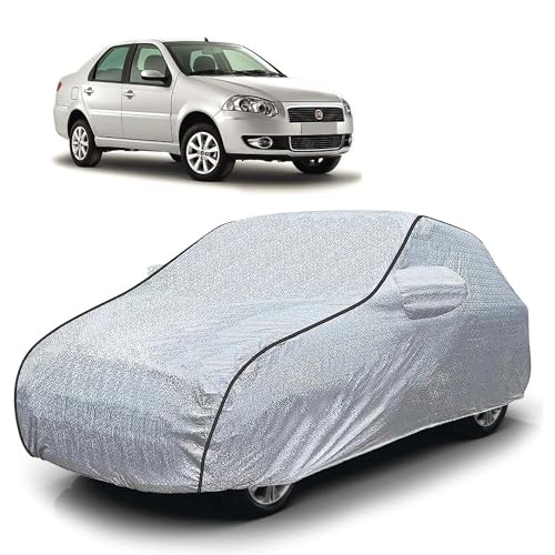 Image of Sulfar 100% Waterproof Car Body Cover Compatible with Mirror for Fiat Siena (Triple Stitched, Full Bottom Elastic, Magic Silver with Black Piping)