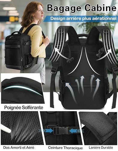 KLOSTAIN Bagage Cabine 45x36x20 pour Easyjet Sac a Dos Voyage Cabine Avion 30L Bagage Cabine Grande sous Siège Bagage à Main Homme Femme Sac à Dos pour Ordinateur Portable 15.6 Pouces Noir – Image 5
