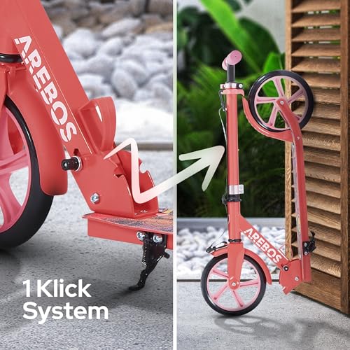 Arebos Cityroller Tretroller Rot Scooter h&ouml;henverstellbar | klappbar | inkl. Traggurt | XXL R&auml;der | Tritt-Bremse | f&uuml;r Kinder und Erwachsene | bis 100kg belastbar | Kickroller | Kickscooter