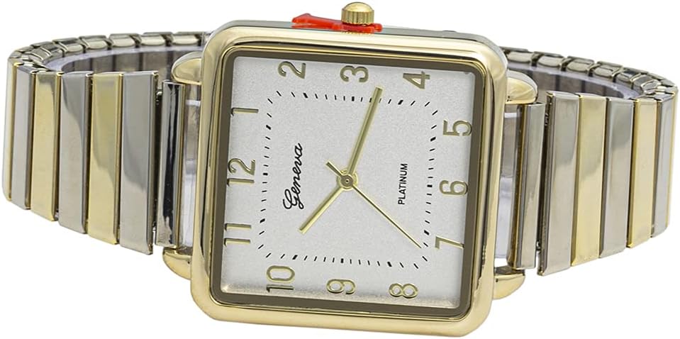 Blekon Collections Women's 38mm Square Case Metal Glossy Stretch Band Watch (Two-Tone)