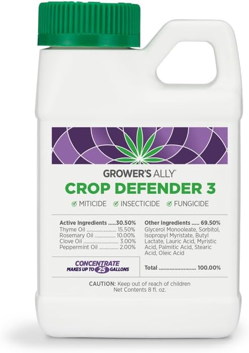 Grower's Ally Crop Defender 3 Concentrate - Natural Miticide, Insecticide, Fungicide Control for Plants - OMRI Listed Garden Safe Spray Killer for Powdery Mildew & Mites - 8 Oz, Makes 25 Gallons
