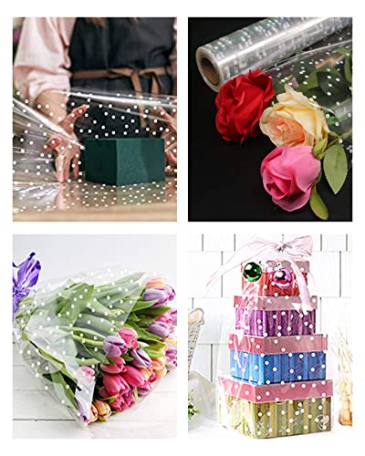 Image of JOYIT 100' Long X 35 inch Wide Clear Cellophane Wrap Roll with White Dots - 3 Mil Thicker Cellophane Roll, Clear Wrapping Paper for Gift Baskets Wrap (35 inch Folds into 17.5 inch)
