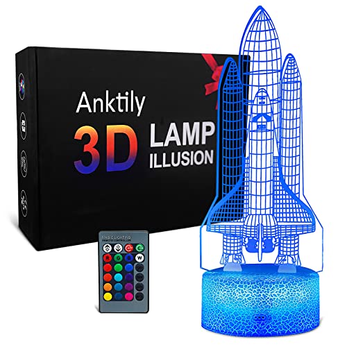 Anktily Raketen-Nachtlicht 3D Illusion Lampe für Kinder, 16 Farben Nachttischlampe Tischlampe Dekor Lampe mit Fernbedienung, Weltraumgeschenk