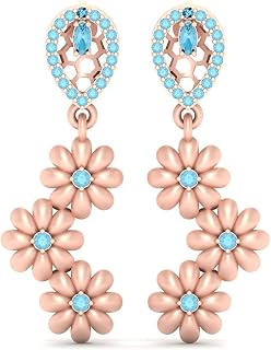 0.65TCW Aquamarine Flower Dangle Engagement Earrings Rose Gold Finish 925 Sterling Silver