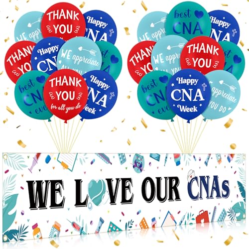 Flutesan 21 Pcs Happy CNA Week Decorations We Love Our CNAs Backdrop Banner with 20 Appreciate You Latex Balloons for National Nursing Assistants Week Nurse Aide Hospital Party Supplies