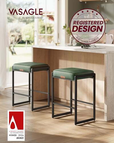Image of VASAGLE EKHO Collection - Bar Stools Set of 2, Counter Height Bar Stools, Synthetic Leather with Stitching, Mid-Century Modern Counter Stools, 26-Inch Tall, Home Bar, Forest Green ULBC086C01V1