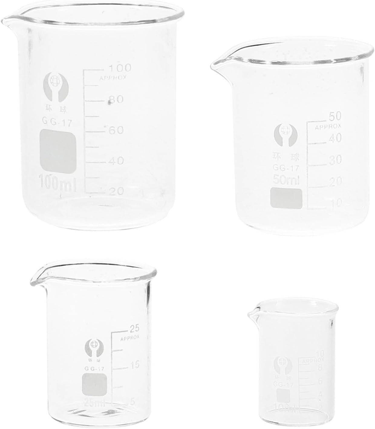 Amosfun 4pcs Graduated Glass Beaker Set for Chemistry with Crystal Visibility and Stable Construction, Includes 10ml 25ml 50ml 100ml Measuring Beakers for Professional Labs and Scientific