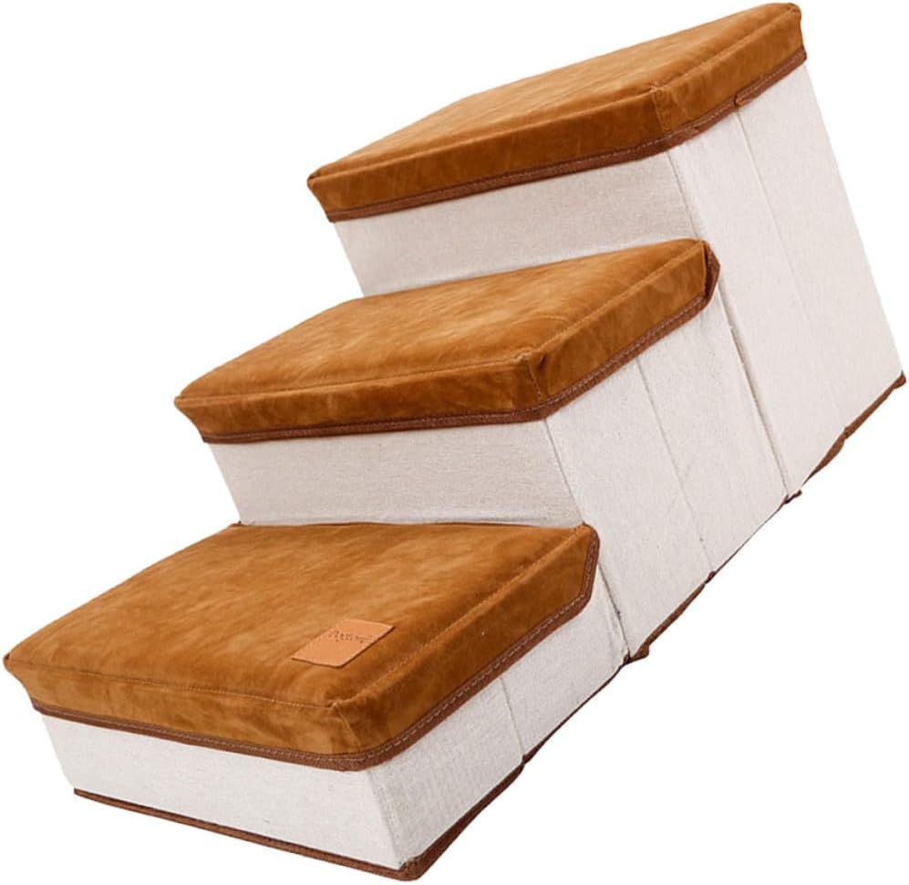 DECHOUS Foldable Pet Ramp Ladder with Storage Box Indoor Dog Stairs for Puppies and Small Dogs Sturdy Non-Slip Pet Steps for High Beds and Couches Brown Compact Design for Seamless Home