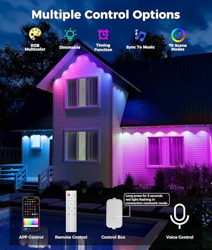 Image of Permanent Christmas Lights Outdoor, 100ft RGB & 60pcs LED Lights | 79 Scene Modes with Timer for Smart Outdoor Christmas Decorations, IP67 Waterproof Works with Alexa and Google Assistant