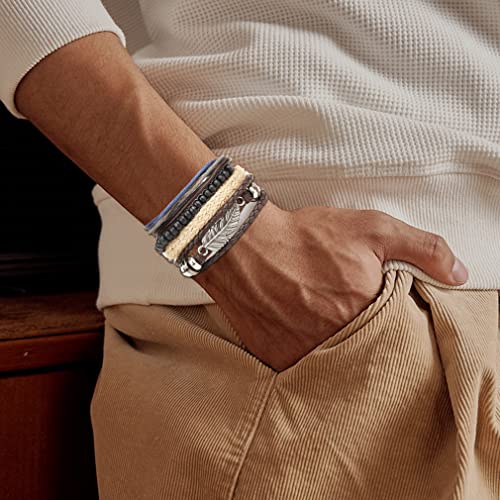 FIRAZIO 35PCS Braided Leather Bracelets for Men Women Wrap Wood Beads Cuff Bracelet Hemp Cords Ethnic Tribal Handmade Wrap Wristband Bracelets Set Adjustable3