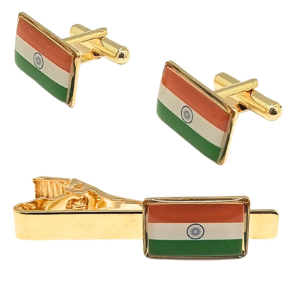 The Tie HubTri Color India Flag Multi-Design Shape Cufflinks and Tie Bar Set for Men