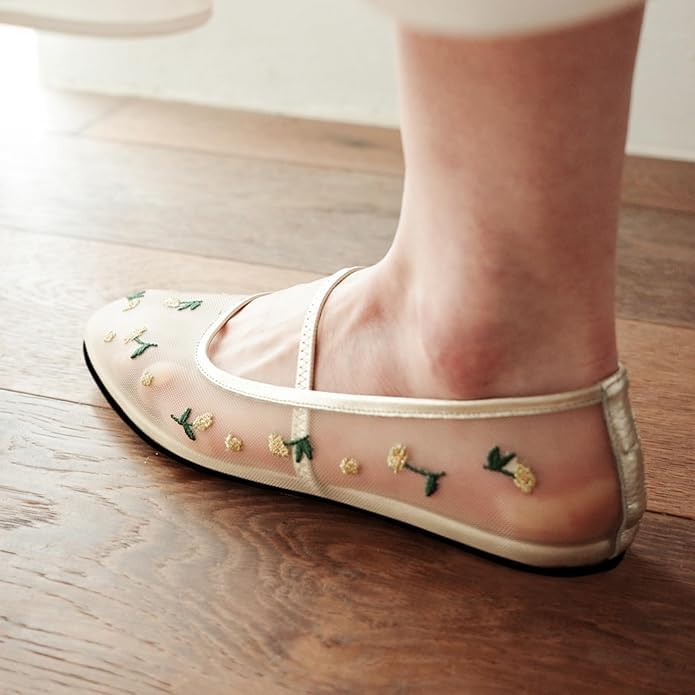 Image of Nude Mesh Ballet Flats for Women Tulle Floral Embroidered Mary Jane Ballerina Round Toe Comfortable Daily Dress Ballet Flats Shoes with Strap