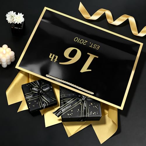 Image of JMANNI 16th Birthday Gift Bag with Card and Tissue Paper for Men Women Him, 14.2 inch Elegant Black Gold Anniversary Keepsake Party Present Shopping Paper Bags for Gifts Wrapping (EST.2010 /Black /Large)