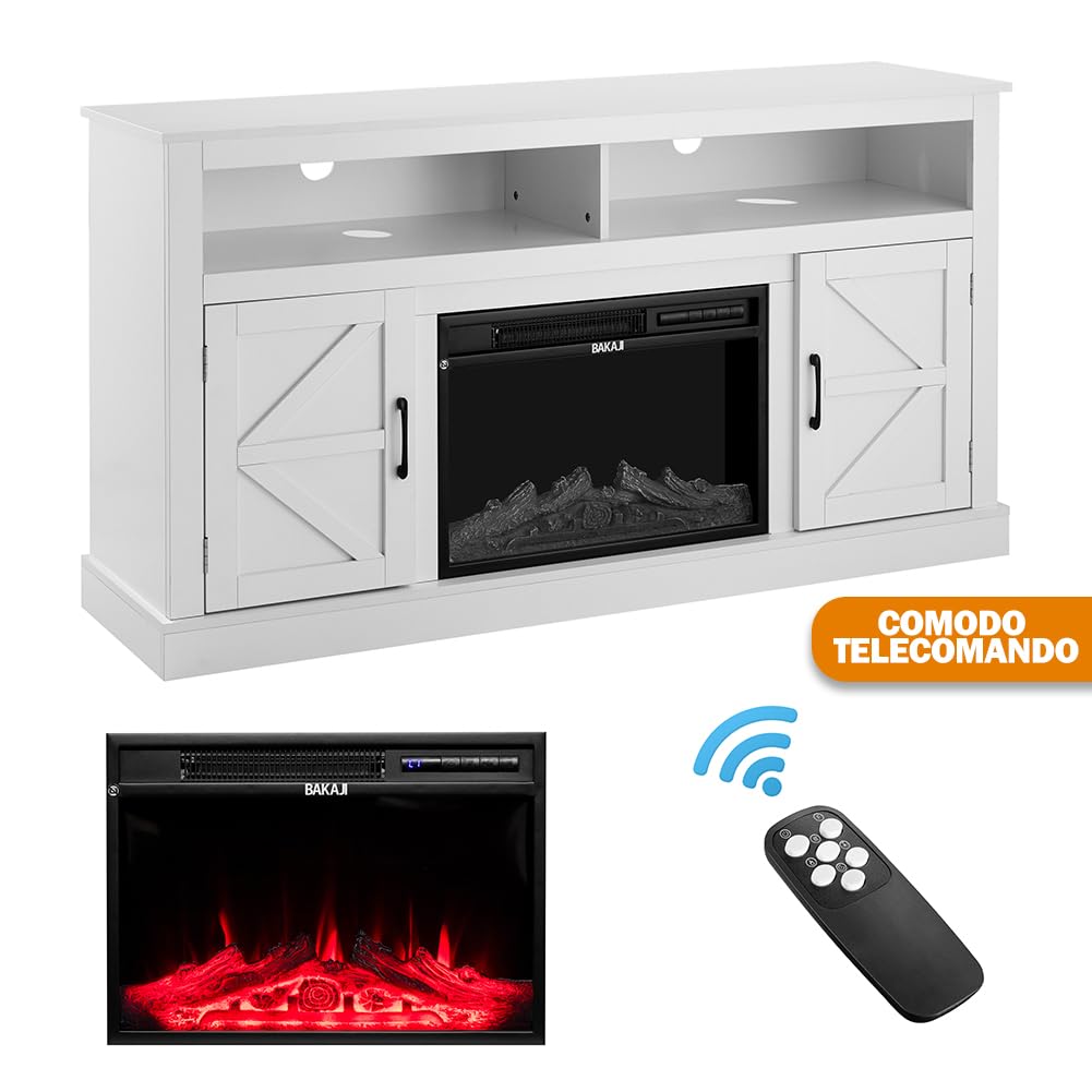 BAKAJI Mobile Tv per Soggiorno in Legno Bianco con Camino Elettrico, Madia a 2 Ante con Caminetto 1800W Completo di Mobile, Riscaldamento Due Potenze, Protezione Surriscaldamento e 15 Colori Luci Led