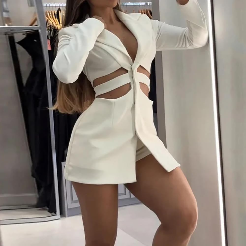 Vestido de Traje con Solapa Hueca, Elegante Minivestido Blazer de Verano para Mujer, Manga Larga, con Aberturas, Escote en V Profundo, Corte A, Sexy