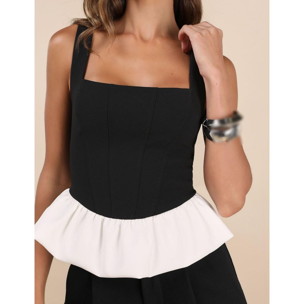 Donna Colletto Quadrato Senza Maniche Moda Canotte Patchwork Plissettato Estate Crop Top