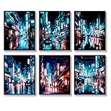 Juego de 6 pósteres japoneses de neón de paisaje nocturno de la ciudad de Japón, ilustración moderna para decoración de pared, calles nocturnas de Tokio, imagen en lienzo, pintura artística para sala