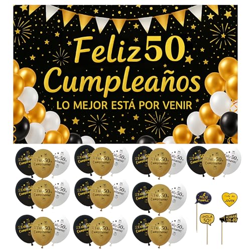 Decoración 50 Cumpleaños Hombre Mujer Photocall Pancarta 110x80cm Fiesta 50 Años   30 Globos Banner Telón Fondo Fotocol Español – Accesorios Divertidos – Regalos Adultos Elegante Cartel Celebración