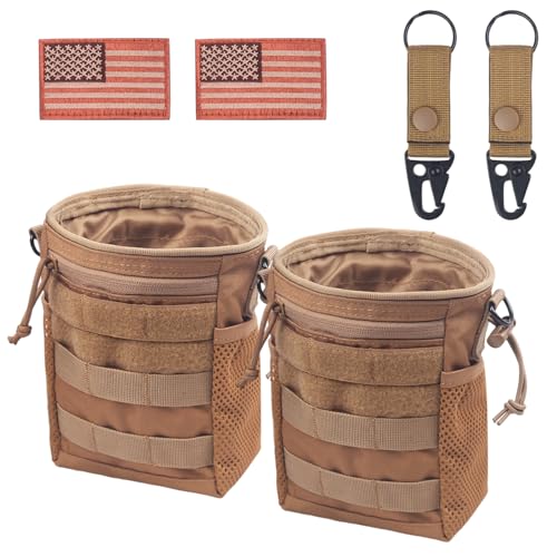 XTACER Molle Dump Pouch, Recycled Storage Drawstring Packs Magazine Bag for Range Shooting, Tactical Duty Belts, with USA Flag Patch and Belt Keychain ( Khaki (2-Pack))