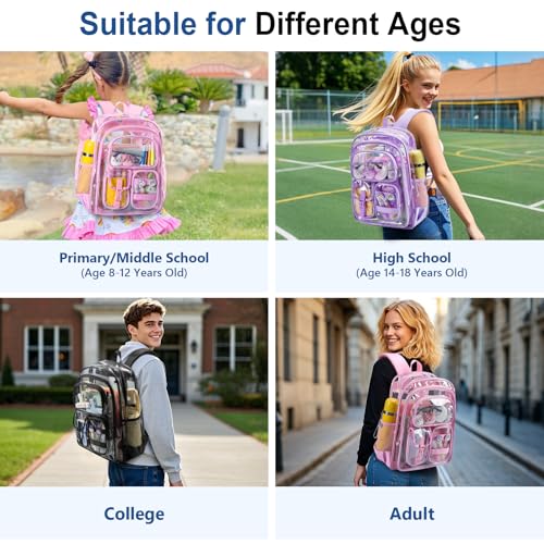Image of Clear Backpack with Pencil Case, Heavy Duty PVC Transparent Backpack with Oxford Cloth Bottom & Reflective Strips for Primary College Work Stadium Concert Festival