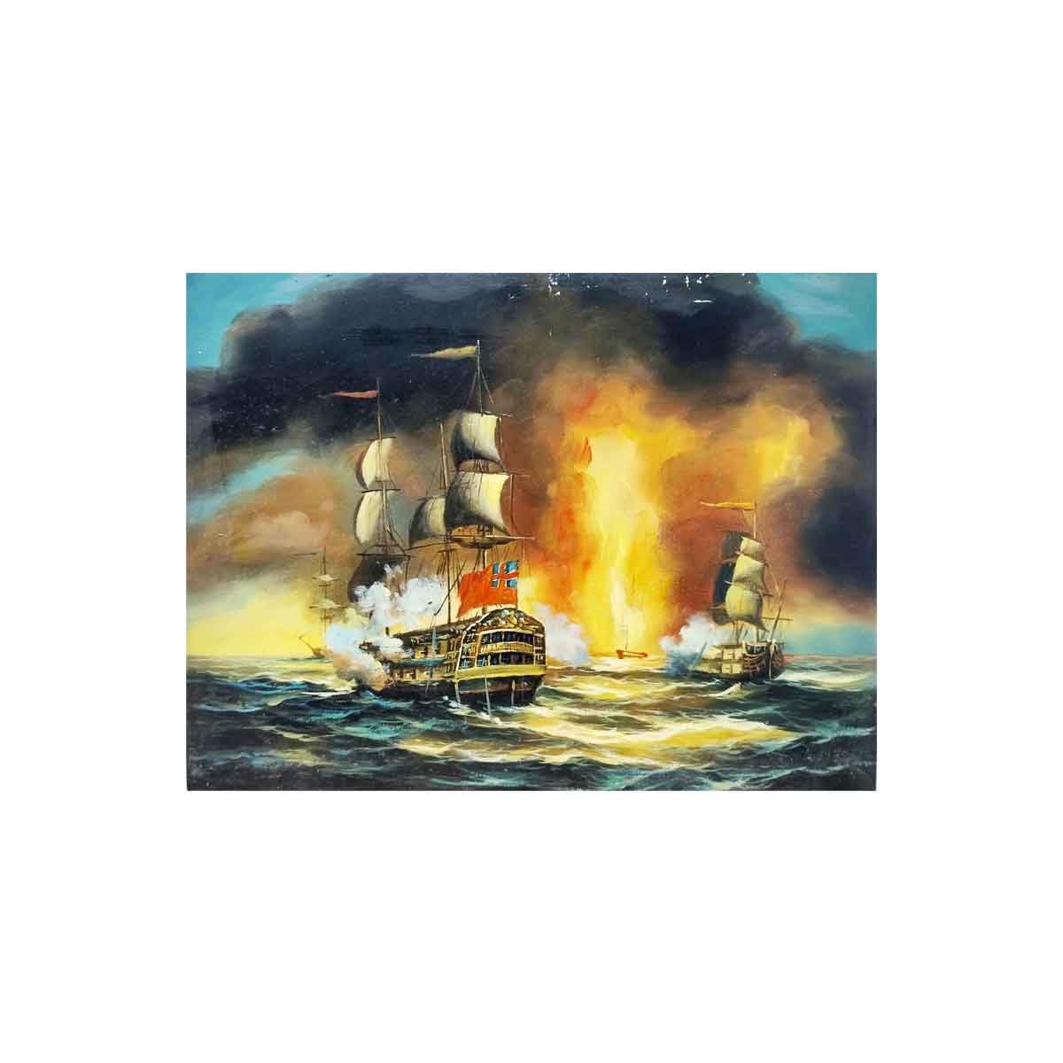 Obraz olejny na stole 30 x 40 cm nocna bitwa morska, marynarka wojenna z płomieniami, reprodukcja rękodzieła styl romans inspirowany Ajvazovskij i Turner, wyprodukowano we Włoszech