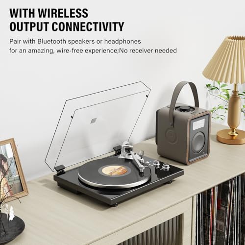 Image of Belt Drive Turntable for Vinyl Record Player, Bluetooth Output, Built-in Phono Preamp, USB Digital Output, Magnetic Cartridge, 33 /45 RPM, High-Gloss Wood Design, No Built-in Speakers