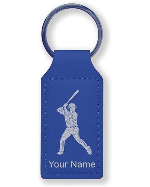 LaserGram Rectangle Keychain, Baseball Player 2, Personalized Engraving Included (Dark Blue)