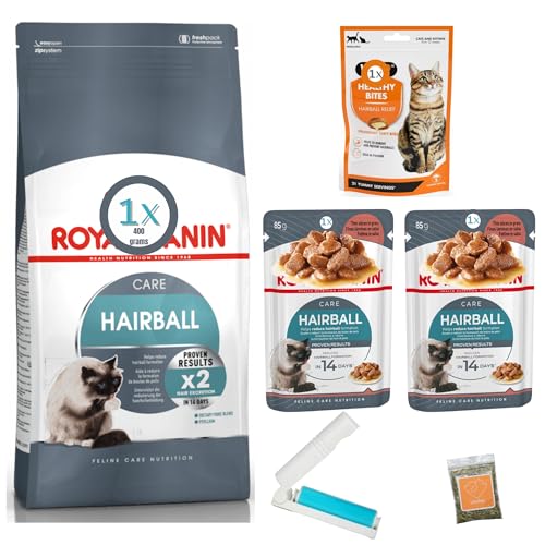 Hairball Care Cat Food Bundle with R.Canin Dry 400 gram and Wet Gravy 85 gram x2 and Hairball Treats 65 gram plus UbiPet Catnip and a Lint Roller