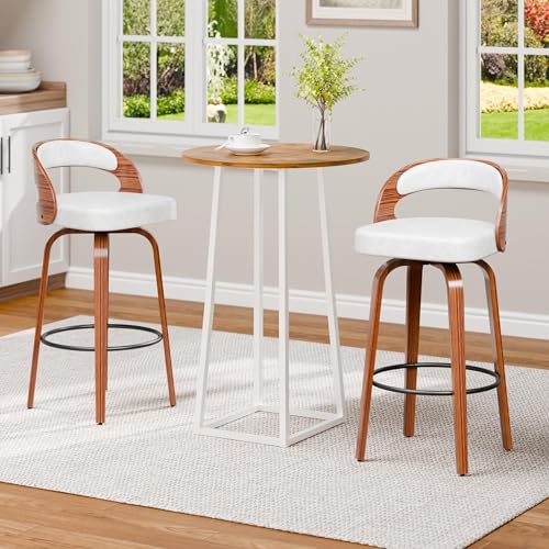 Butacos de Barra Set de 2, Butacos Modernos Giratorios de Altura para Barra (29 pulgadas), Blancos con Patas y Espaldar de Madera, Tapizados en Cuero Sintético para Isla de Cocina miniatura 3