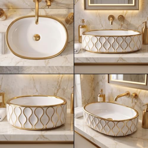 Image of Backline 20x13x5.5 Inches Table Top Wash basin | Basin for Bathroom | Countertop Bathroom Basin For Restaurant /Dining Hall /Living Room /Home (Gold White)(5 Years Glaze Warranty)