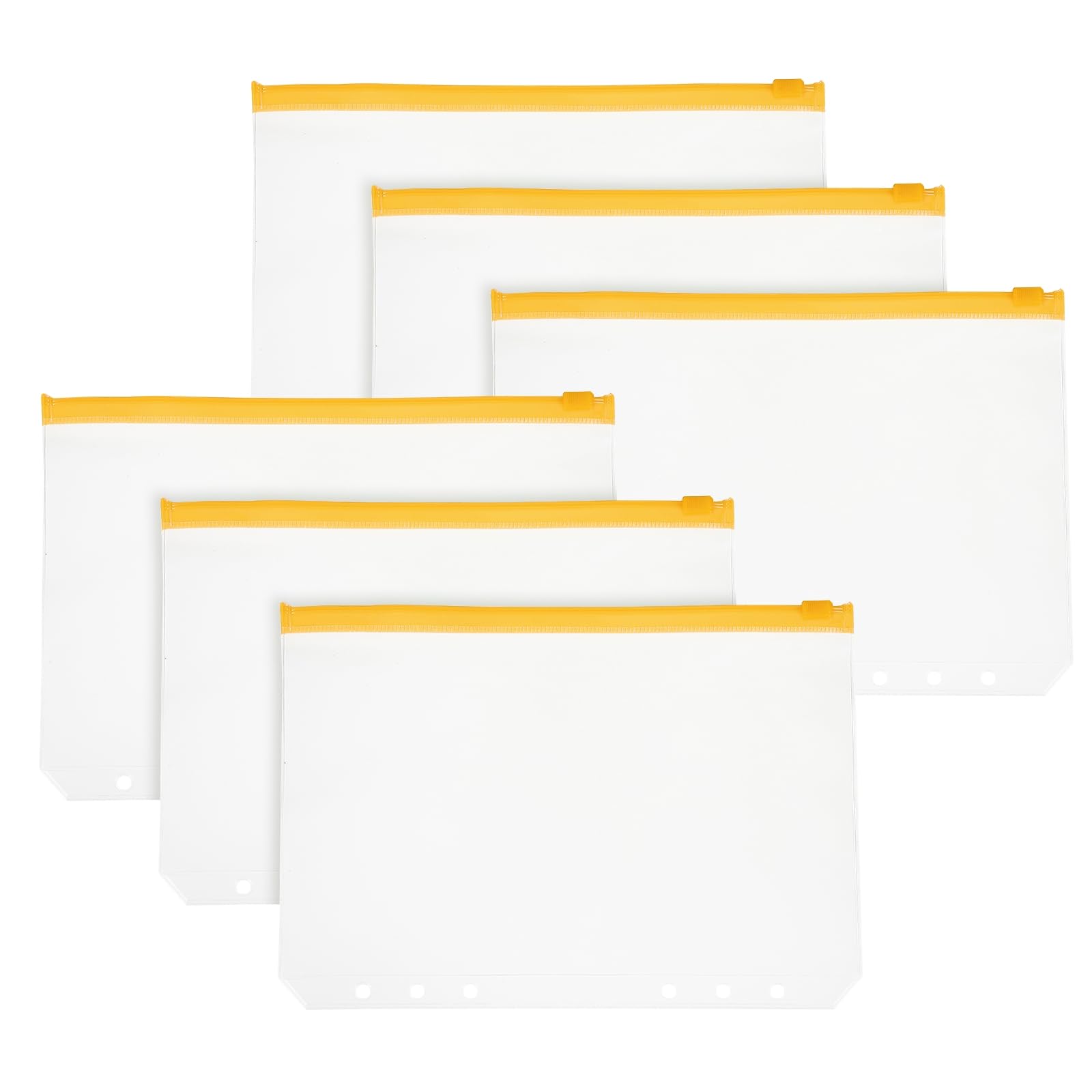 PATIKIL A5 Binder Pocket, 6 Pack 6 Holes Zipper Binder Pouch Budget Stuffing Envelopes Clear Storage Pocket Waterproof for Budget Planning Loose Leaf Bags, Yellow Zip/Clear Pouch