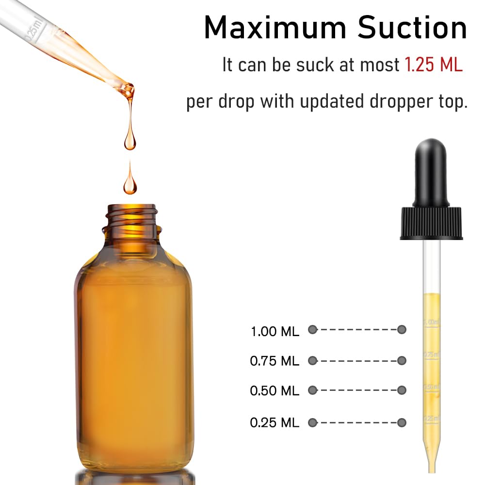 Bumobum Lot de 48 flacons compte-gouttes en verre ambré foncé de 118 ml avec compte-gouttes mesuré pour huiles essentielles avec entonnoir, étiquettes et pipette, flacon de teinture (compte-gouttes en