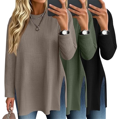 3 Pack Women's Waffle Knit Long Sleeve Tops Oversized Crewneck Loose T Shirts Fall Winter Casual Basic Blouses