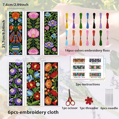 Image of ACRNIGHEET 6PCS Cross Stitch Kits Stamped Cross Stitch Bookmark Kit for Beginner Adults Easy Flower DIY Embroidery Bookmark Kit Needlepoint Kits with Instructions Book Lovers Craft Gift 8.5''x3'' 11CT