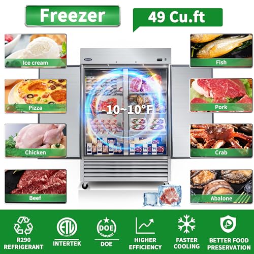 Image of 54 inch Commercial Freezer, Upright Freezer, 2 Solid Door, 49 Cu.Ft Stainless Steel Reach-in Freezer with 6 Shelves for Restaurant Bar Garage, ETL and DOE Approved