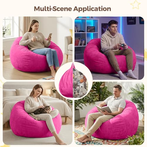 Image of Stuffed Animal Storage Bean Bag Chair Cover for Adults (No Filler), Soft Comfy Velvet Beanbag Chair Cover Machine Washable, Adults Bean Bag Chair with Handle for Living Room Bedroom, Hot Pink