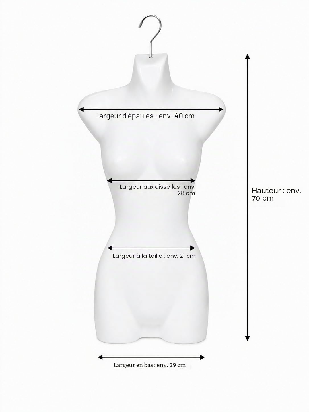Lot de 5 torse féminin - 70 cm - Torse pour femme en plastique - Haut du corps semi-plastique de couleur blanche - Buste mannequin - Demi-coque - Forme de buste - Mannequin de vitrine avec crochet - 5