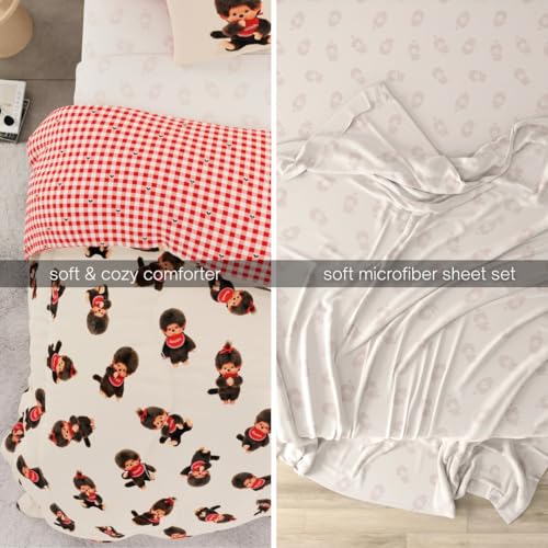 Image of Monchhichi Bedding 7 Piece Full Bed Set, Soft Cozy Nostalgia Reversible Comforter and Sheet Set with Sham, (Officially Licensed Product) by Franco