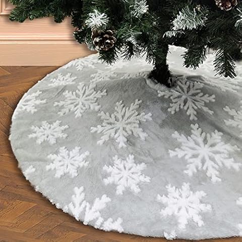 AISENO 48 Inch Faux Fur Christmas Tree Skirt White 3D Snowflake Decoration for Christmas Party GreyTree Skirt Xmas Decorations Cover