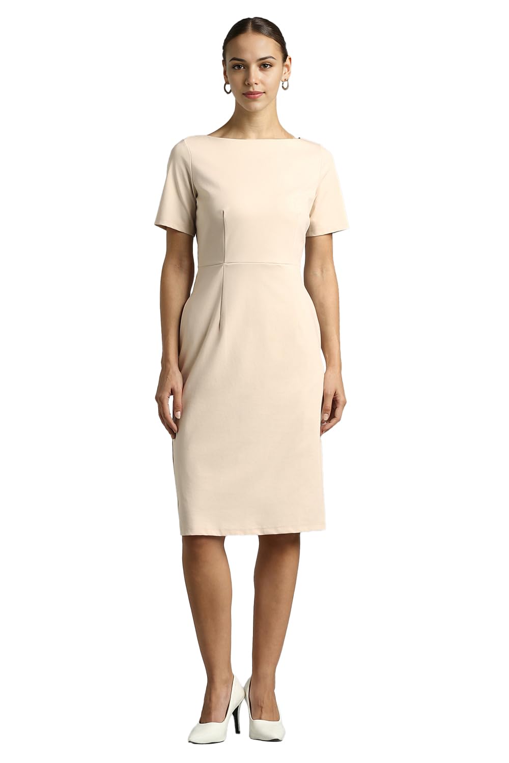 Roadster Women's Cotton Blend Boat Neck Mid-Length Sheath Comfort Fit Above The Knee Dress in neutral