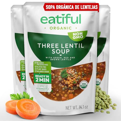 EATIFUL Sopa de Lentejas, Elaborada con Verduras Orgánicas, Sopa con Lentejas Verdes, Rojas y Marrones, Sin Conservantes ni Azúcares Añadidos, Sin Gluten, NO GMO, 400g (Paquete de 3)