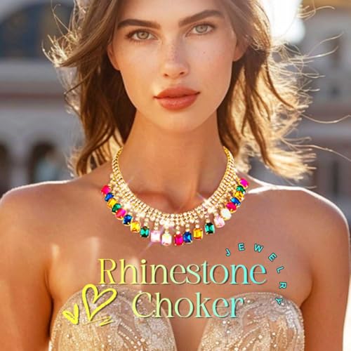 Ushiny Strass Choker Halskette Schmuck Bunte Kristallkette Multicolor Rave Hals Zubehör für Frauen